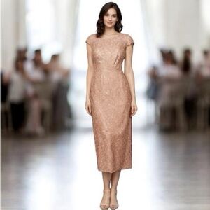 Tadashi Shoji dressy lace evening midi dress champagne color size 8